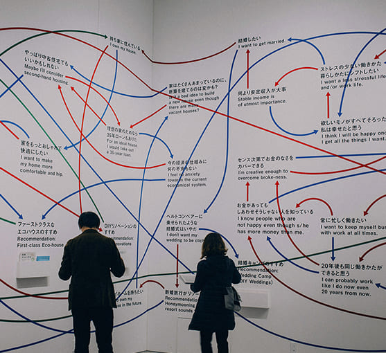 複雑に絡み合う要望を整理した相関図を眺める人たち